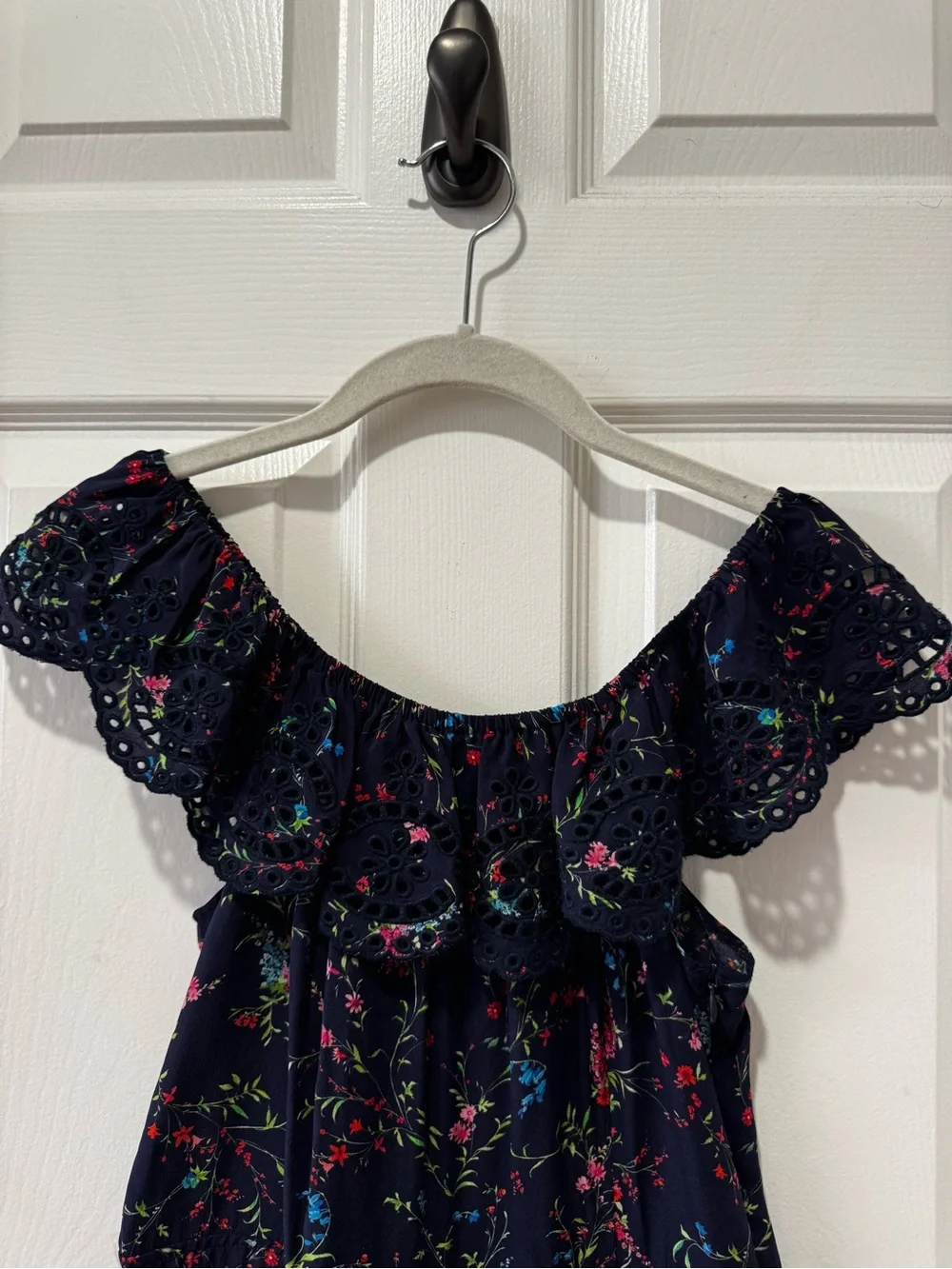 Paloma Blue Navy Blue Floral Silk Eyelet Off Shoulder Wide Leg Jumpsuit Sz M - Picture 5 of 8